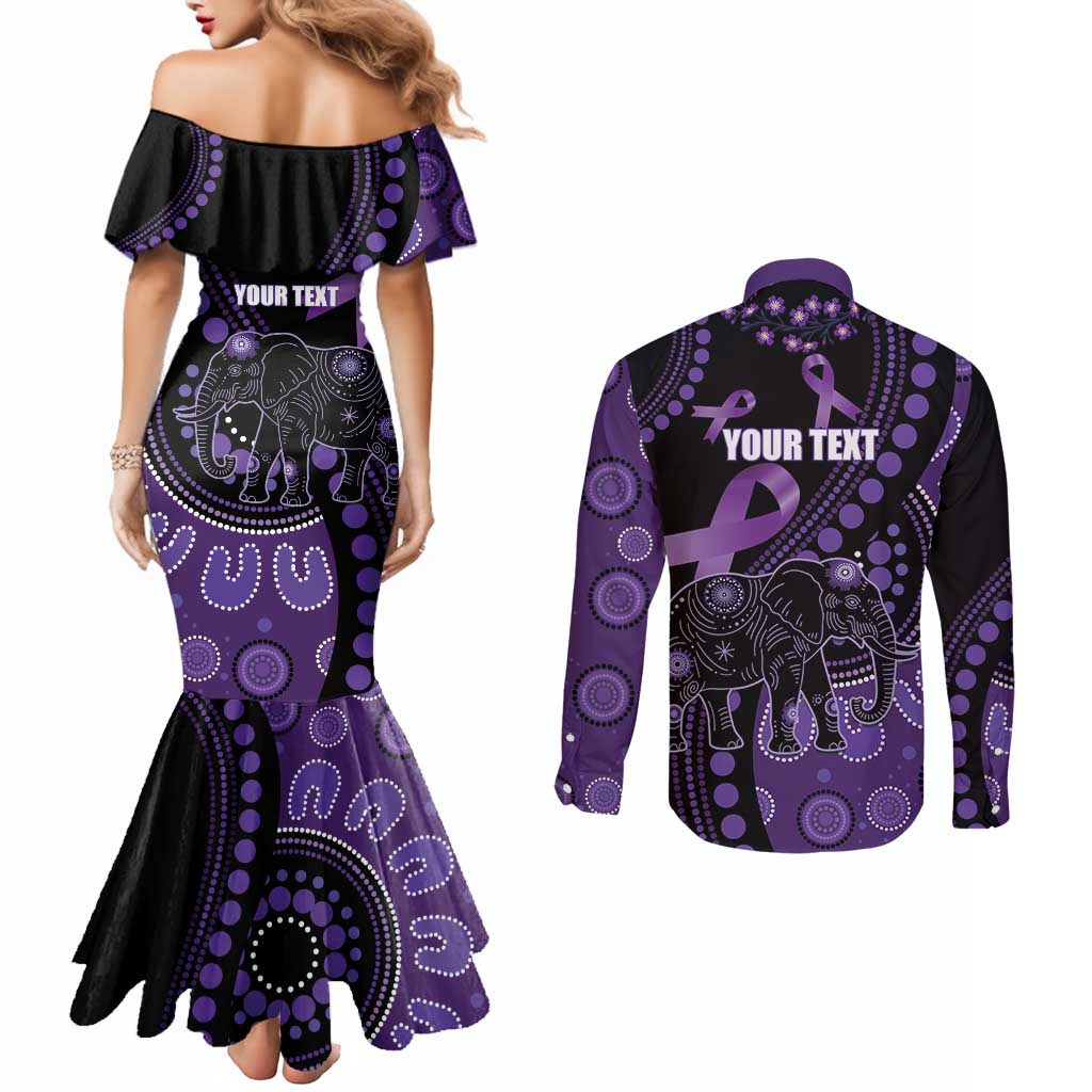 Australia Alzheimer's and Brain Awareness Personalised Couples Matching Mermaid Dress and Long Sleeve Button Shirt Elephant Forget-Me-Not Aboriginal Art