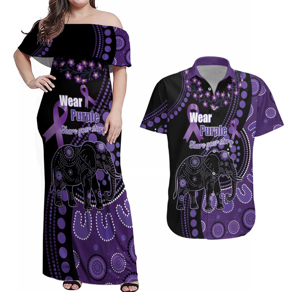 Australia Alzheimer's and Brain Awareness Personalised Couples Matching Off Shoulder Maxi Dress and Hawaiian Shirt Elephant Forget-Me-Not Aboriginal Art
