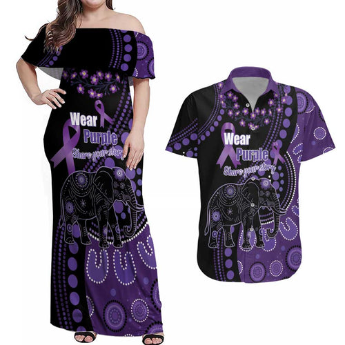Australia Alzheimer's and Brain Awareness Personalised Couples Matching Off Shoulder Maxi Dress and Hawaiian Shirt Elephant Forget-Me-Not Aboriginal Art