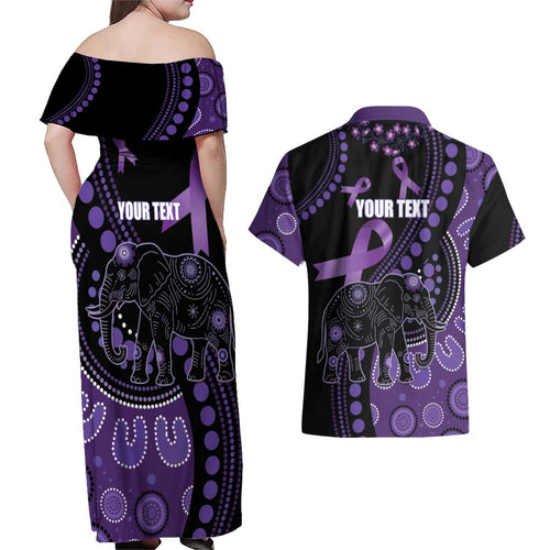 Australia Alzheimer's and Brain Awareness Personalised Couples Matching Off Shoulder Maxi Dress and Hawaiian Shirt Elephant Forget-Me-Not Aboriginal Art