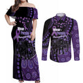 Australia Alzheimer's and Brain Awareness Personalised Couples Matching Off Shoulder Maxi Dress and Long Sleeve Button Shirt Elephant Forget-Me-Not Aboriginal Art