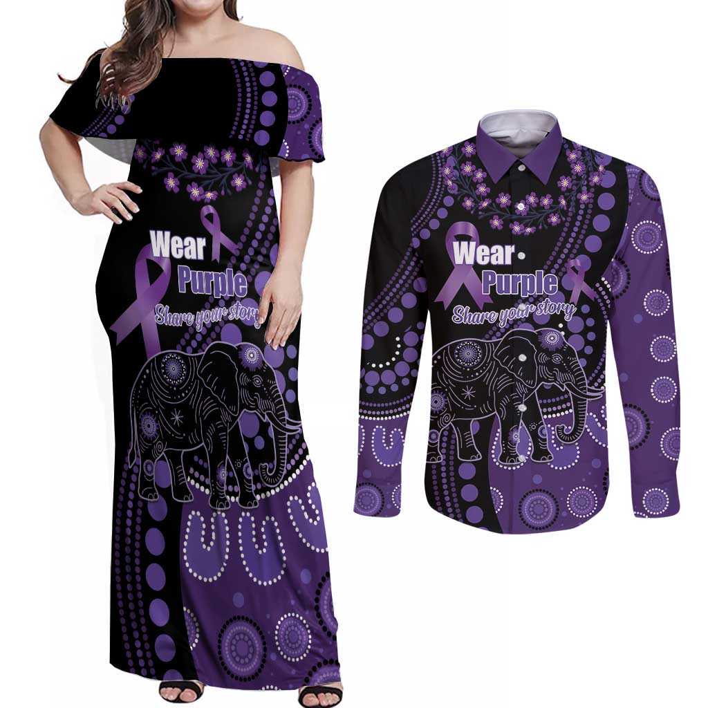 Australia Alzheimer's and Brain Awareness Personalised Couples Matching Off Shoulder Maxi Dress and Long Sleeve Button Shirt Elephant Forget-Me-Not Aboriginal Art