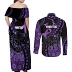 Australia Alzheimer's and Brain Awareness Personalised Couples Matching Off Shoulder Maxi Dress and Long Sleeve Button Shirt Elephant Forget-Me-Not Aboriginal Art