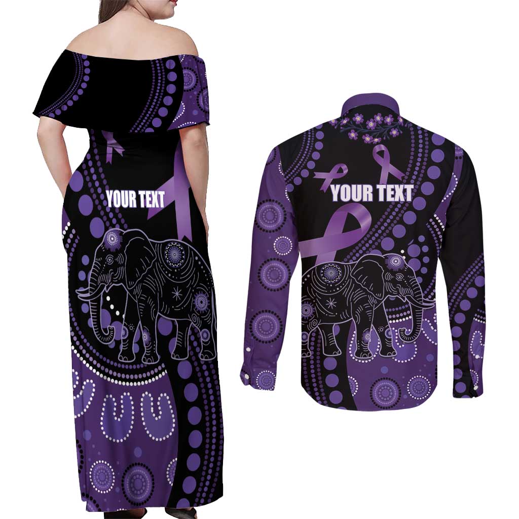 Australia Alzheimer's and Brain Awareness Personalised Couples Matching Off Shoulder Maxi Dress and Long Sleeve Button Shirt Elephant Forget-Me-Not Aboriginal Art