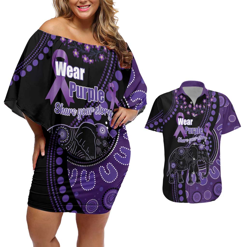 Australia Alzheimer's and Brain Awareness Personalised Couples Matching Off Shoulder Short Dress and Hawaiian Shirt Elephant Forget-Me-Not Aboriginal Art