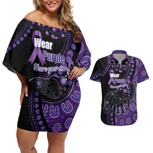 Australia Alzheimer's and Brain Awareness Personalised Couples Matching Off Shoulder Short Dress and Hawaiian Shirt Elephant Forget-Me-Not Aboriginal Art
