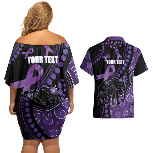 Australia Alzheimer's and Brain Awareness Personalised Couples Matching Off Shoulder Short Dress and Hawaiian Shirt Elephant Forget-Me-Not Aboriginal Art
