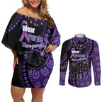 Australia Alzheimer's and Brain Awareness Personalised Couples Matching Off Shoulder Short Dress and Long Sleeve Button Shirt Elephant Forget-Me-Not Aboriginal Art