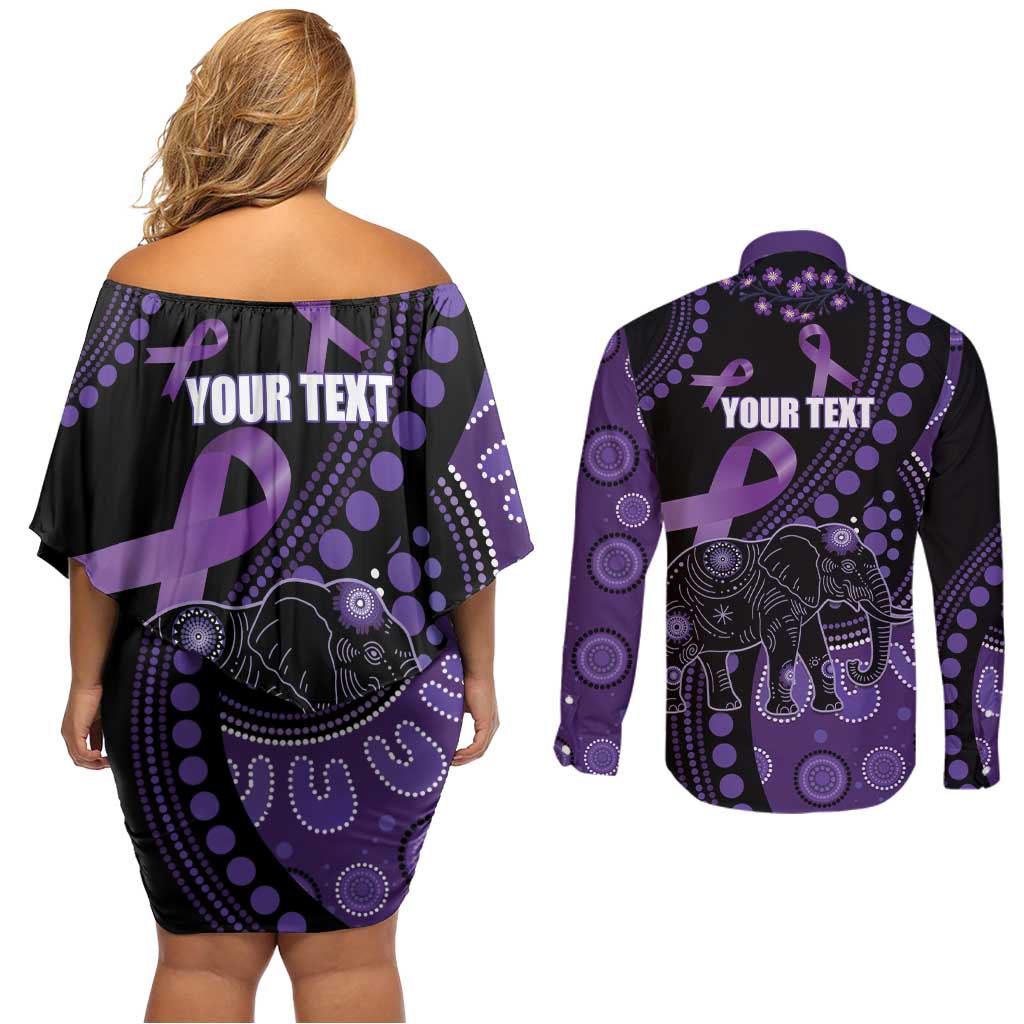 Australia Alzheimer's and Brain Awareness Personalised Couples Matching Off Shoulder Short Dress and Long Sleeve Button Shirt Elephant Forget-Me-Not Aboriginal Art