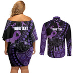 Australia Alzheimer's and Brain Awareness Personalised Couples Matching Off Shoulder Short Dress and Long Sleeve Button Shirt Elephant Forget-Me-Not Aboriginal Art