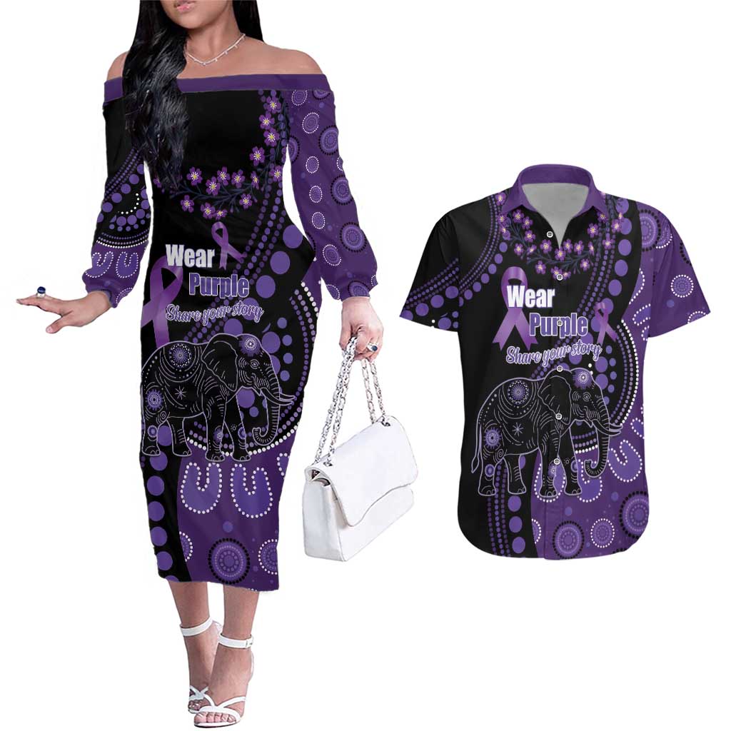 Australia Alzheimer's and Brain Awareness Personalised Couples Matching Off The Shoulder Long Sleeve Dress and Hawaiian Shirt Elephant Forget-Me-Not Aboriginal Art