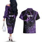 Australia Alzheimer's and Brain Awareness Personalised Couples Matching Off The Shoulder Long Sleeve Dress and Hawaiian Shirt Elephant Forget-Me-Not Aboriginal Art