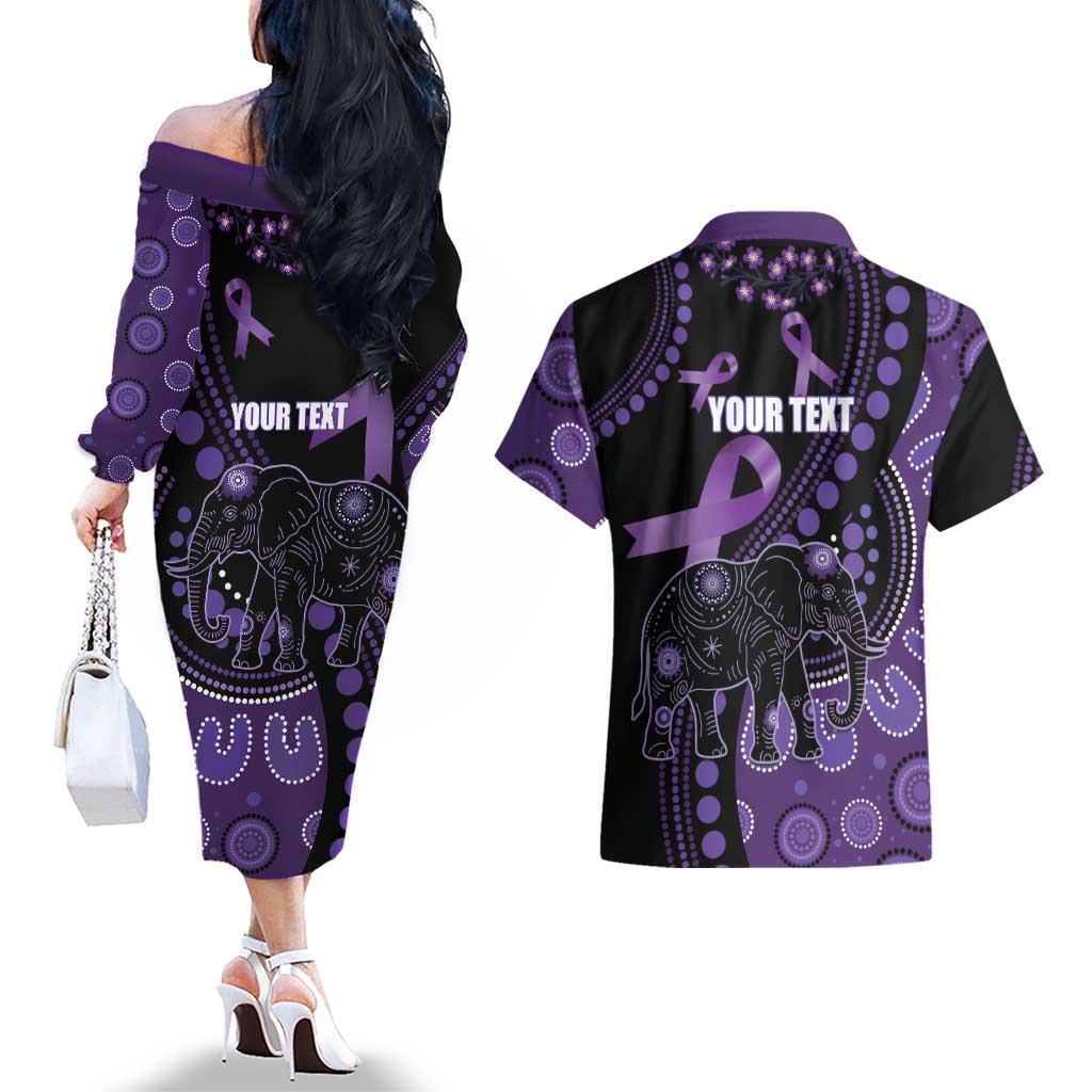 Australia Alzheimer's and Brain Awareness Personalised Couples Matching Off The Shoulder Long Sleeve Dress and Hawaiian Shirt Elephant Forget-Me-Not Aboriginal Art