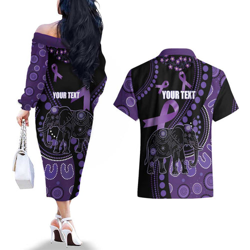 Australia Alzheimer's and Brain Awareness Personalised Couples Matching Off The Shoulder Long Sleeve Dress and Hawaiian Shirt Elephant Forget-Me-Not Aboriginal Art