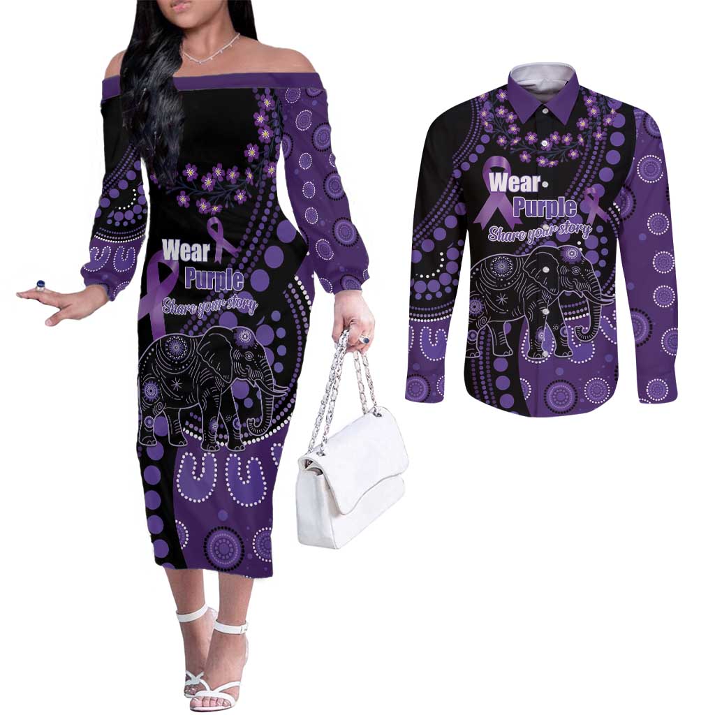 Australia Alzheimer's and Brain Awareness Personalised Couples Matching Off The Shoulder Long Sleeve Dress and Long Sleeve Button Shirt Elephant Forget-Me-Not Aboriginal Art