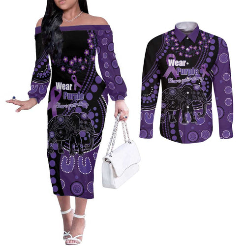 Australia Alzheimer's and Brain Awareness Personalised Couples Matching Off The Shoulder Long Sleeve Dress and Long Sleeve Button Shirt Elephant Forget-Me-Not Aboriginal Art