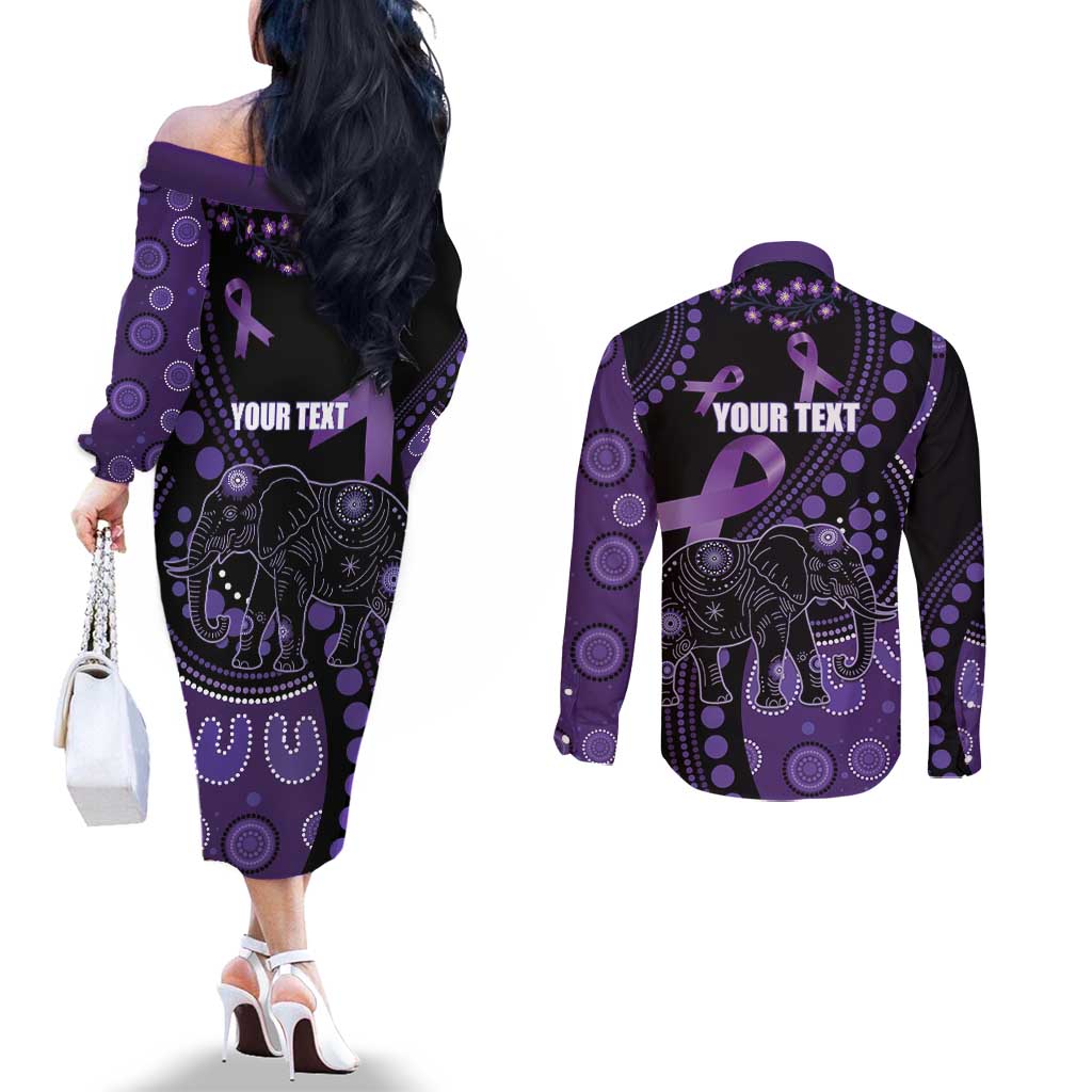 Australia Alzheimer's and Brain Awareness Personalised Couples Matching Off The Shoulder Long Sleeve Dress and Long Sleeve Button Shirt Elephant Forget-Me-Not Aboriginal Art