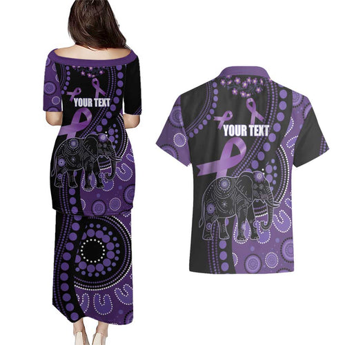 Australia Alzheimer's and Brain Awareness Personalised Couples Matching Puletasi and Hawaiian Shirt Elephant Forget-Me-Not Aboriginal Art