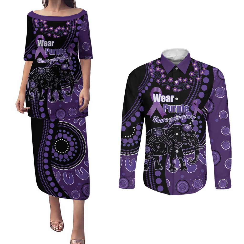 Australia Alzheimer's and Brain Awareness Personalised Couples Matching Puletasi and Long Sleeve Button Shirt Elephant Forget-Me-Not Aboriginal Art