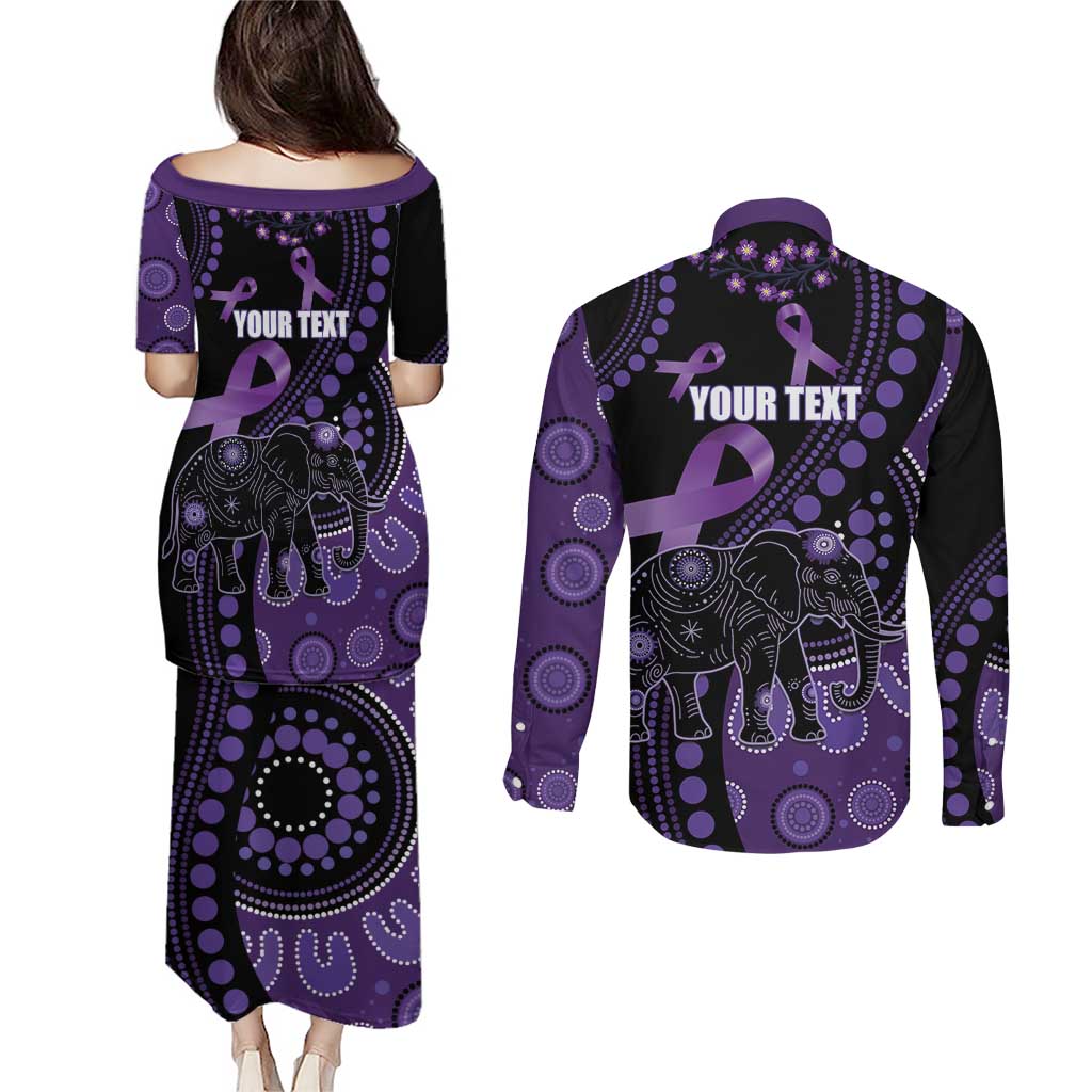 Australia Alzheimer's and Brain Awareness Personalised Couples Matching Puletasi and Long Sleeve Button Shirt Elephant Forget-Me-Not Aboriginal Art