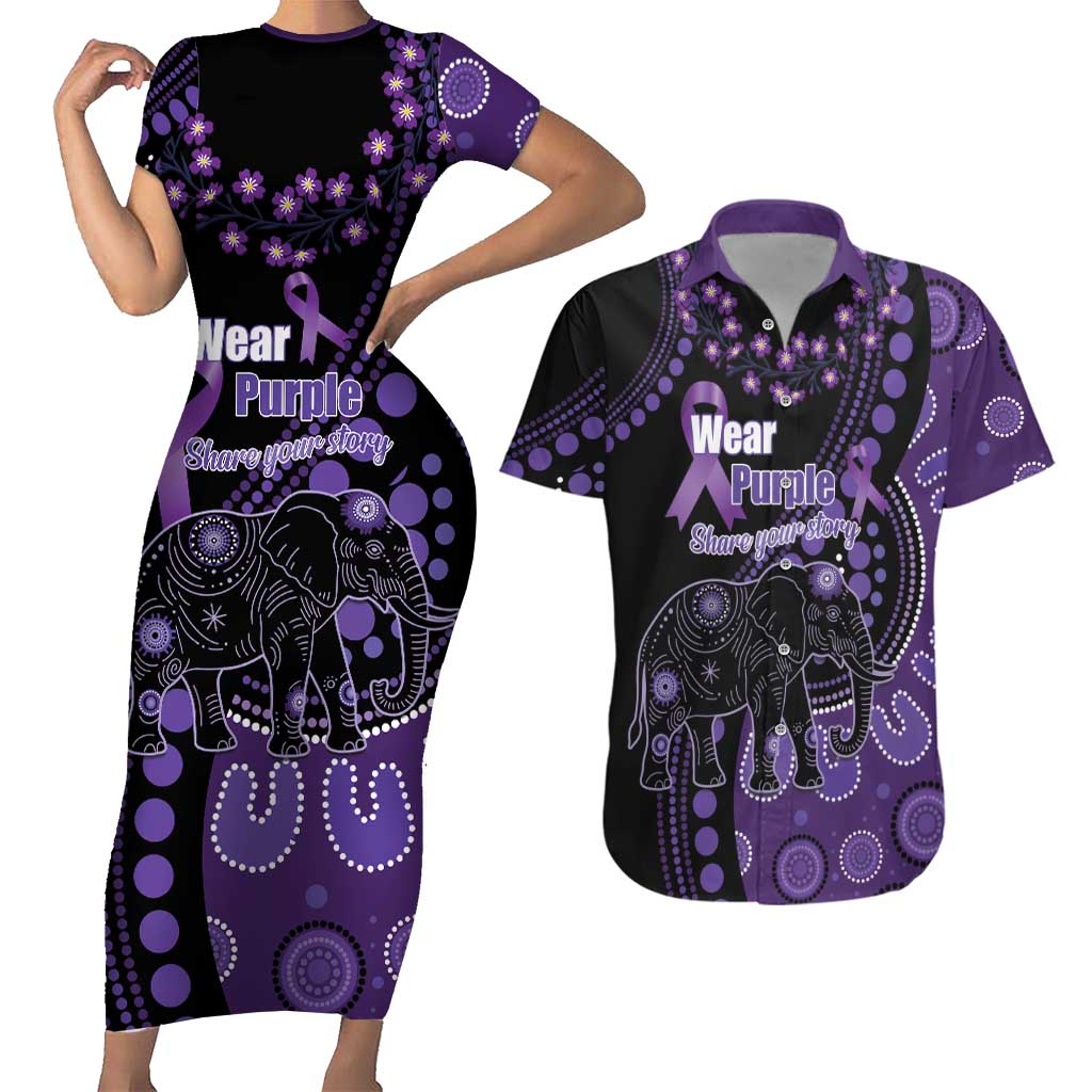 Australia Alzheimer's and Brain Awareness Personalised Couples Matching Short Sleeve Bodycon Dress and Hawaiian Shirt Elephant Forget-Me-Not Aboriginal Art