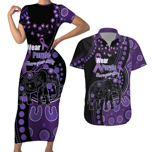 Australia Alzheimer's and Brain Awareness Personalised Couples Matching Short Sleeve Bodycon Dress and Hawaiian Shirt Elephant Forget-Me-Not Aboriginal Art
