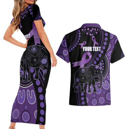 Australia Alzheimer's and Brain Awareness Personalised Couples Matching Short Sleeve Bodycon Dress and Hawaiian Shirt Elephant Forget-Me-Not Aboriginal Art