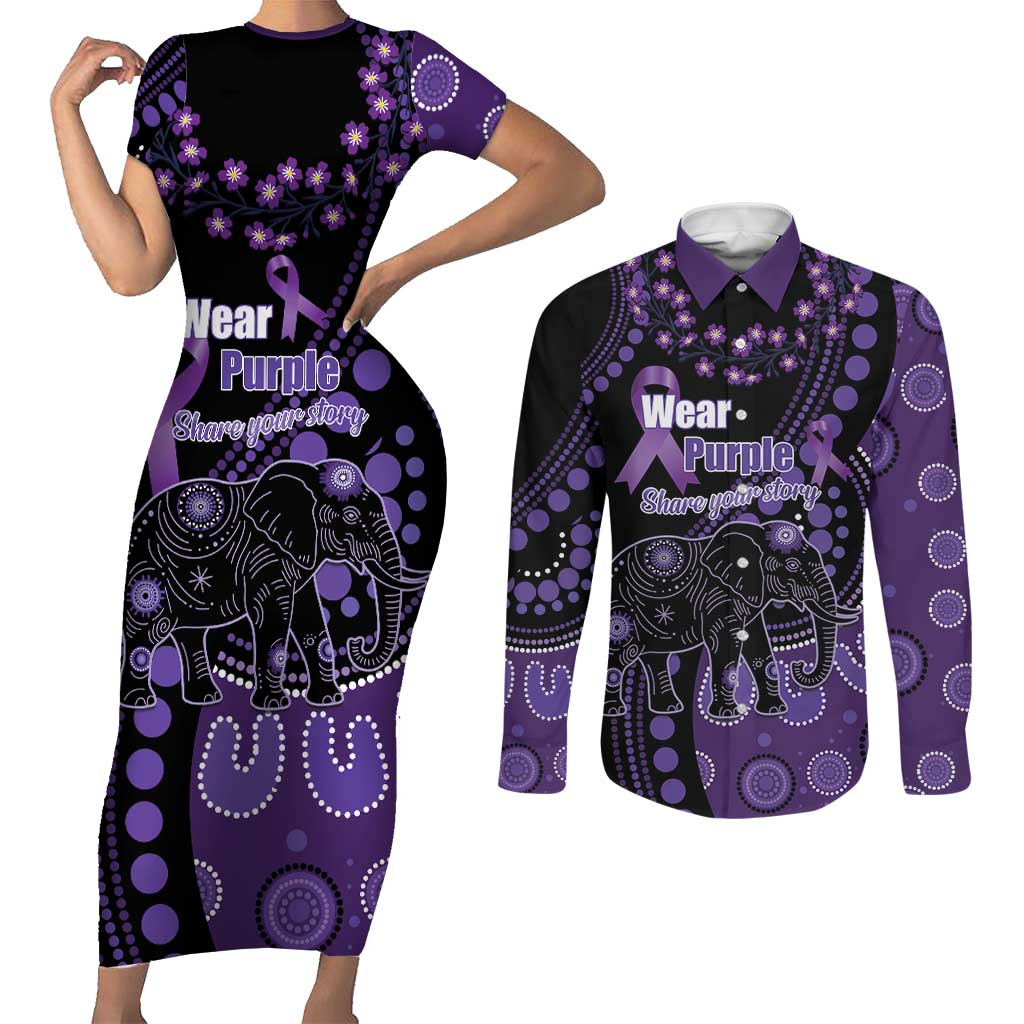 Australia Alzheimer's and Brain Awareness Personalised Couples Matching Short Sleeve Bodycon Dress and Long Sleeve Button Shirt Elephant Forget-Me-Not Aboriginal Art