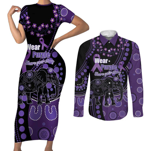 Australia Alzheimer's and Brain Awareness Personalised Couples Matching Short Sleeve Bodycon Dress and Long Sleeve Button Shirt Elephant Forget-Me-Not Aboriginal Art
