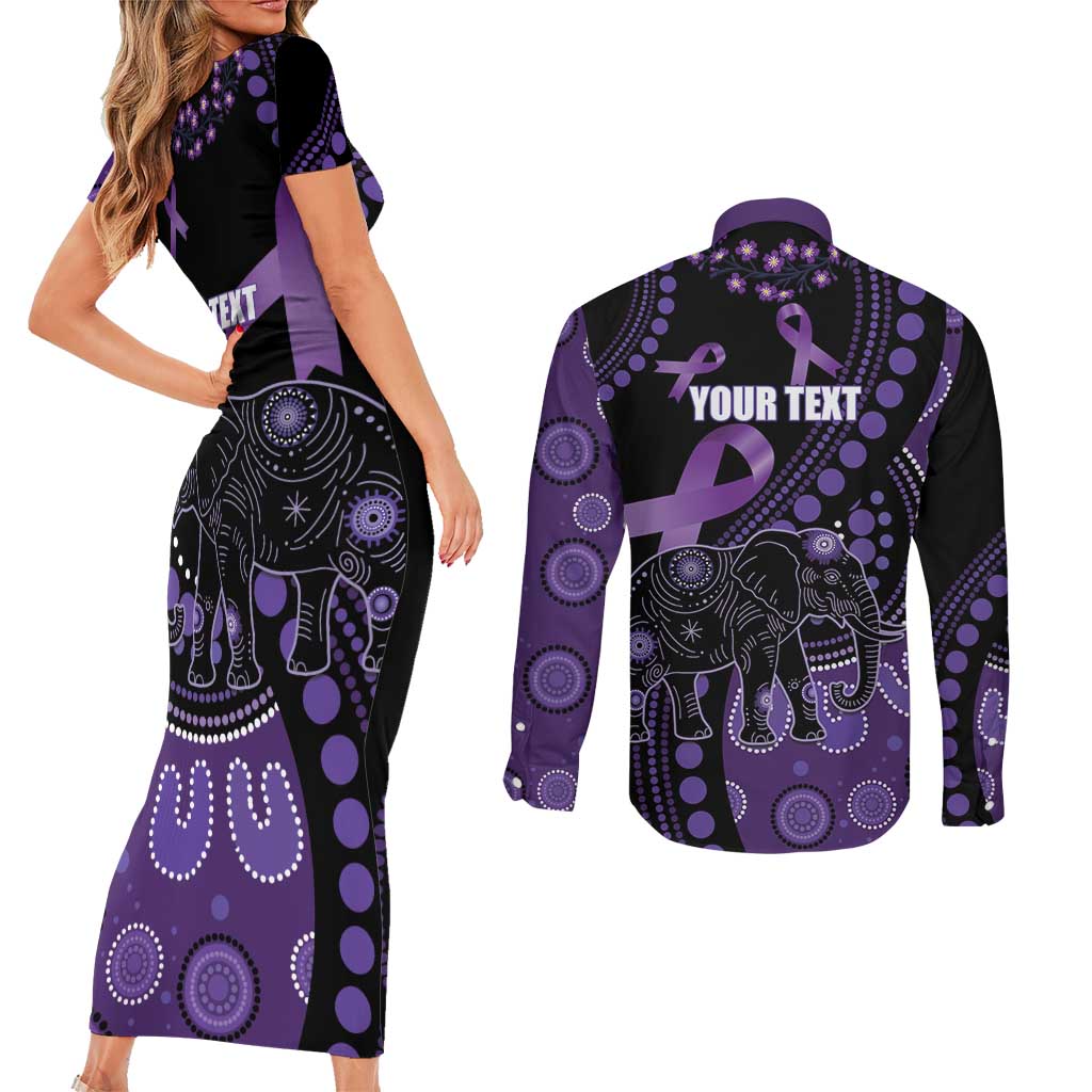 Australia Alzheimer's and Brain Awareness Personalised Couples Matching Short Sleeve Bodycon Dress and Long Sleeve Button Shirt Elephant Forget-Me-Not Aboriginal Art