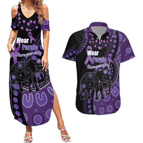 Australia Alzheimer's and Brain Awareness Personalised Couples Matching Summer Maxi Dress and Hawaiian Shirt Elephant Forget-Me-Not Aboriginal Art