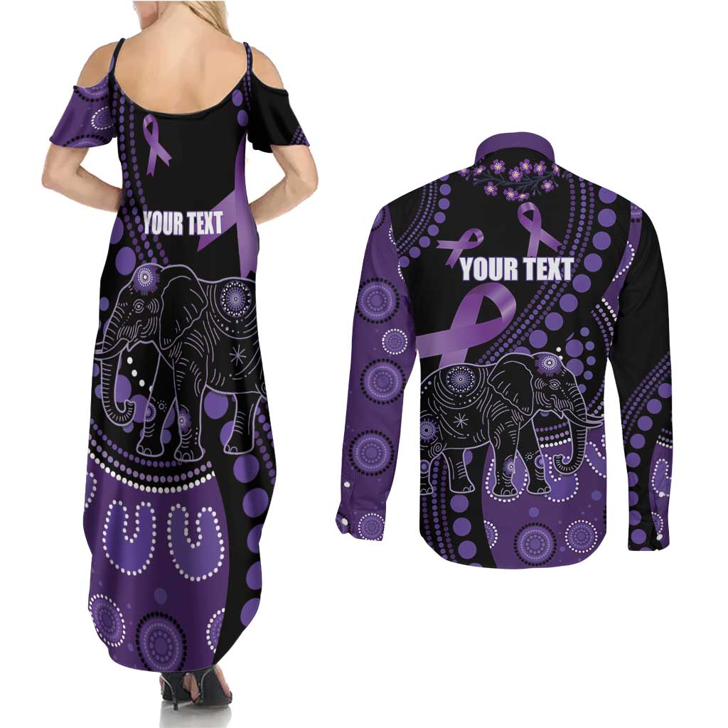 Australia Alzheimer's and Brain Awareness Personalised Couples Matching Summer Maxi Dress and Long Sleeve Button Shirt Elephant Forget-Me-Not Aboriginal Art