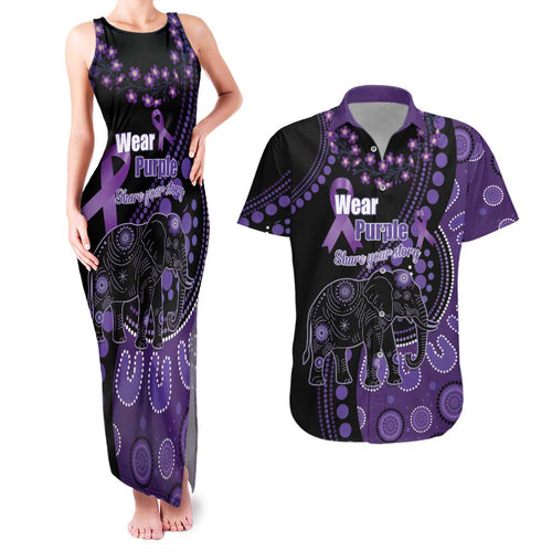 Australia Alzheimer's and Brain Awareness Personalised Couples Matching Tank Maxi Dress and Hawaiian Shirt Elephant Forget-Me-Not Aboriginal Art