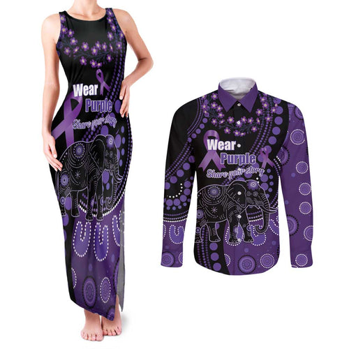 Australia Alzheimer's and Brain Awareness Personalised Couples Matching Tank Maxi Dress and Long Sleeve Button Shirt Elephant Forget-Me-Not Aboriginal Art