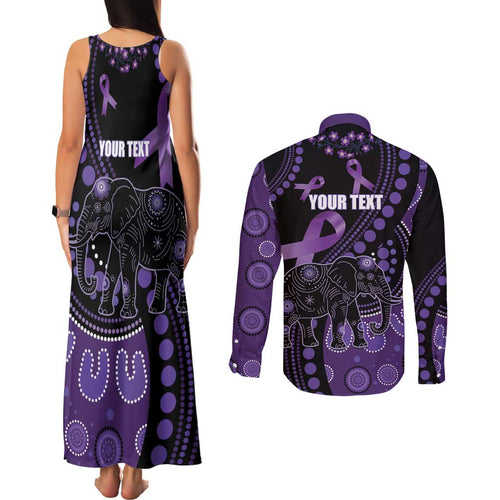 Australia Alzheimer's and Brain Awareness Personalised Couples Matching Tank Maxi Dress and Long Sleeve Button Shirt Elephant Forget-Me-Not Aboriginal Art
