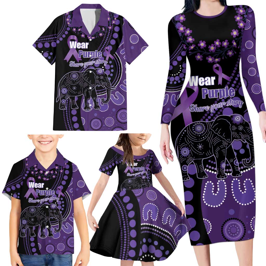 Australia Alzheimer's and Brain Awareness Personalised Family Matching Long Sleeve Bodycon Dress and Hawaiian Shirt Elephant Forget-Me-Not Aboriginal Art