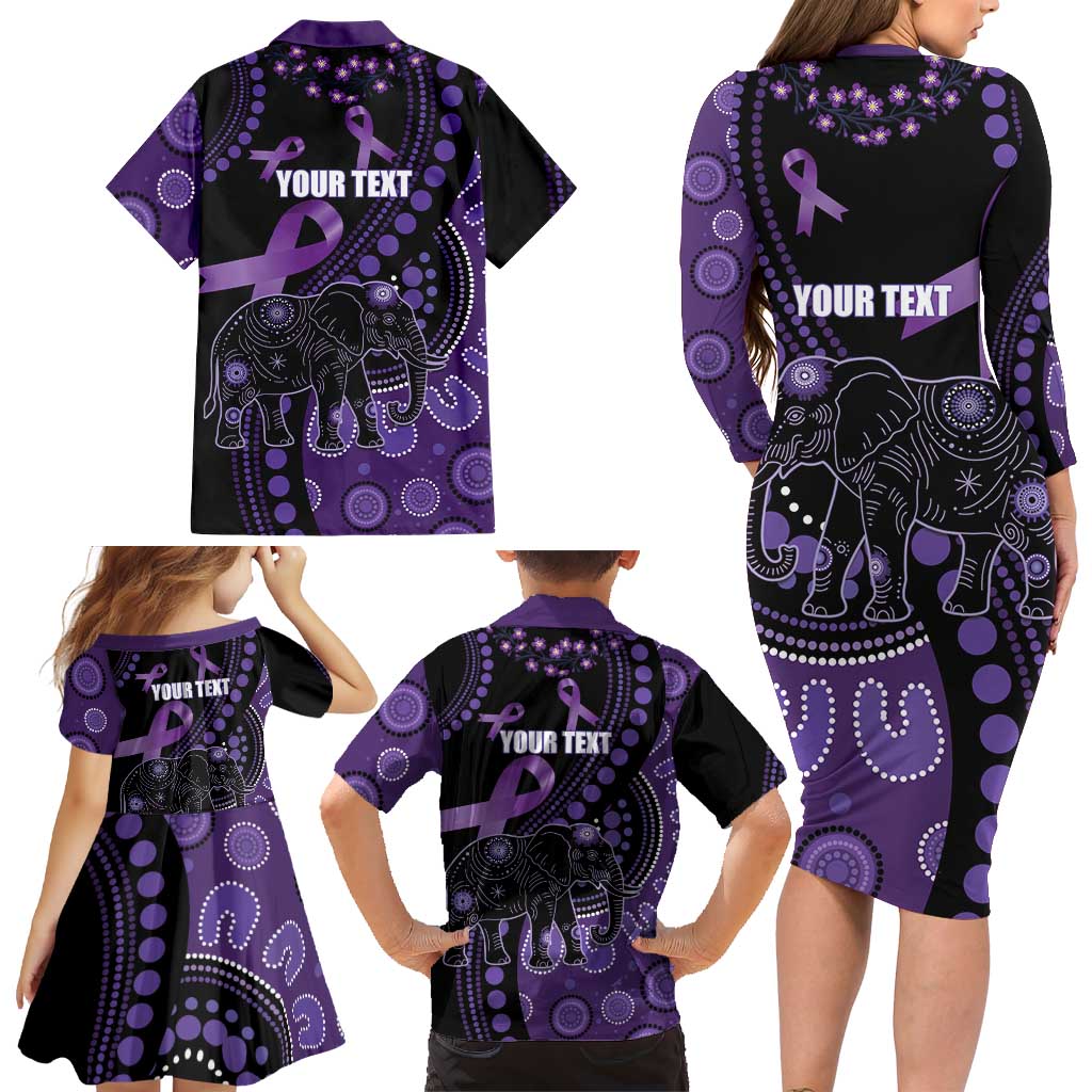 Australia Alzheimer's and Brain Awareness Personalised Family Matching Long Sleeve Bodycon Dress and Hawaiian Shirt Elephant Forget-Me-Not Aboriginal Art