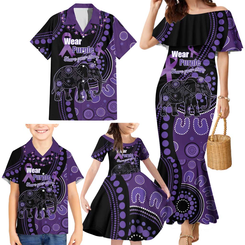 Australia Alzheimer's and Brain Awareness Personalised Family Matching Mermaid Dress and Hawaiian Shirt Elephant Forget-Me-Not Aboriginal Art