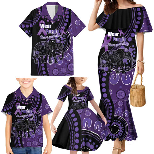 Australia Alzheimer's and Brain Awareness Personalised Family Matching Mermaid Dress and Hawaiian Shirt Elephant Forget-Me-Not Aboriginal Art