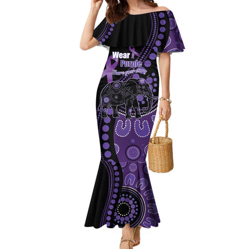 Australia Alzheimer's and Brain Awareness Personalised Family Matching Mermaid Dress and Hawaiian Shirt Elephant Forget-Me-Not Aboriginal Art