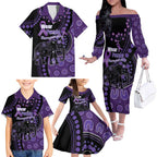 Australia Alzheimer's and Brain Awareness Personalised Family Matching Off The Shoulder Long Sleeve Dress and Hawaiian Shirt Elephant Forget-Me-Not Aboriginal Art