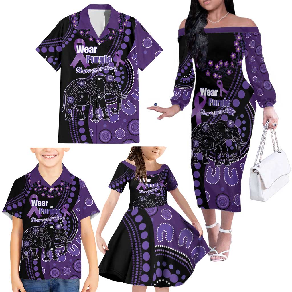 Australia Alzheimer's and Brain Awareness Personalised Family Matching Off The Shoulder Long Sleeve Dress and Hawaiian Shirt Elephant Forget-Me-Not Aboriginal Art