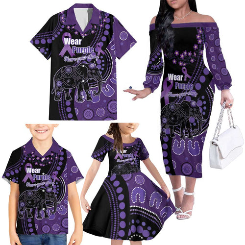Australia Alzheimer's and Brain Awareness Personalised Family Matching Off The Shoulder Long Sleeve Dress and Hawaiian Shirt Elephant Forget-Me-Not Aboriginal Art