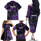 Australia Alzheimer's and Brain Awareness Personalised Family Matching Off The Shoulder Long Sleeve Dress and Hawaiian Shirt Elephant Forget-Me-Not Aboriginal Art