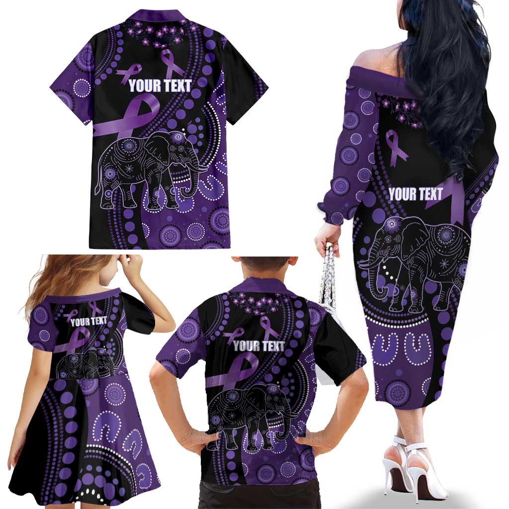 Australia Alzheimer's and Brain Awareness Personalised Family Matching Off The Shoulder Long Sleeve Dress and Hawaiian Shirt Elephant Forget-Me-Not Aboriginal Art