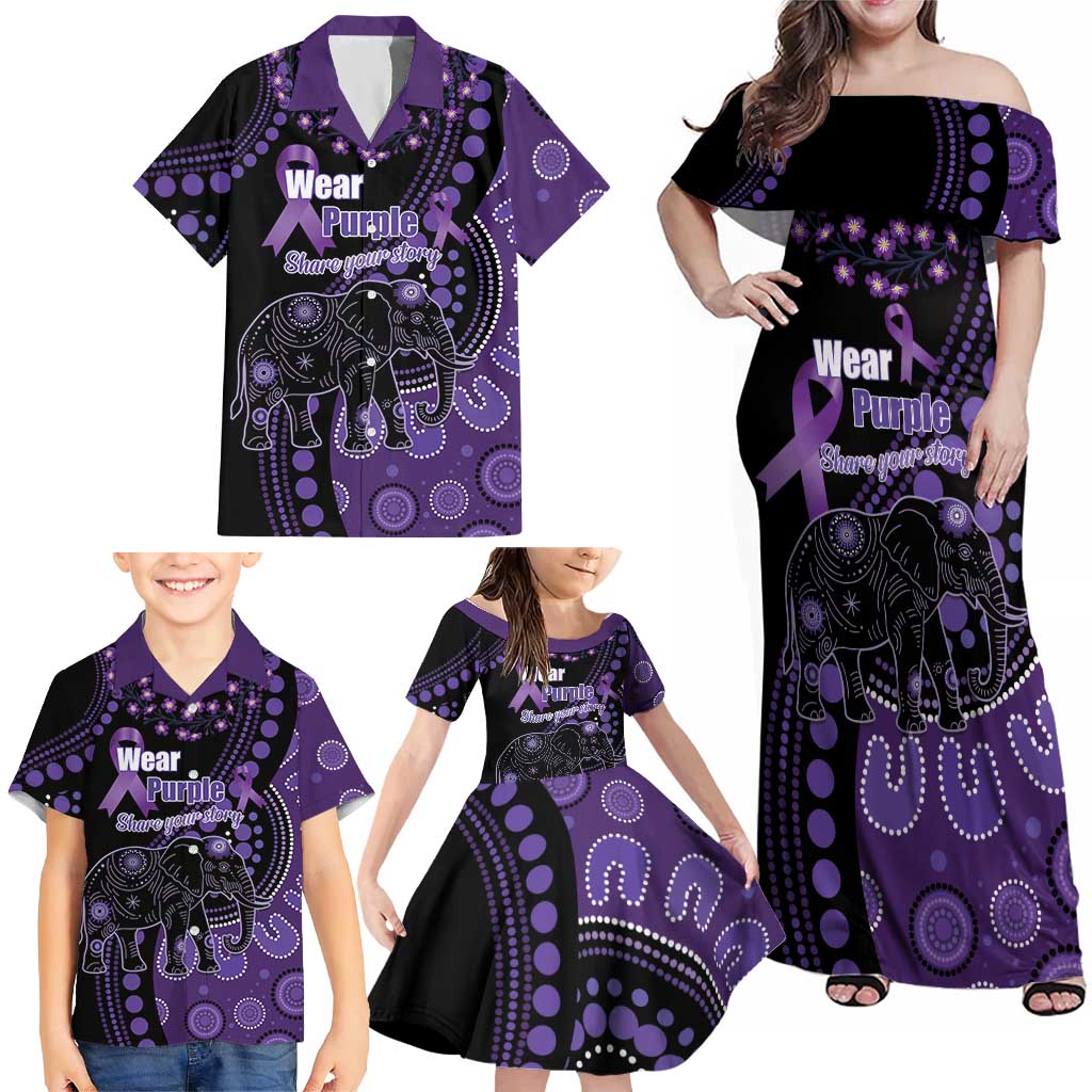 Australia Alzheimer's and Brain Awareness Personalised Family Matching Off Shoulder Maxi Dress and Hawaiian Shirt Elephant Forget-Me-Not Aboriginal Art