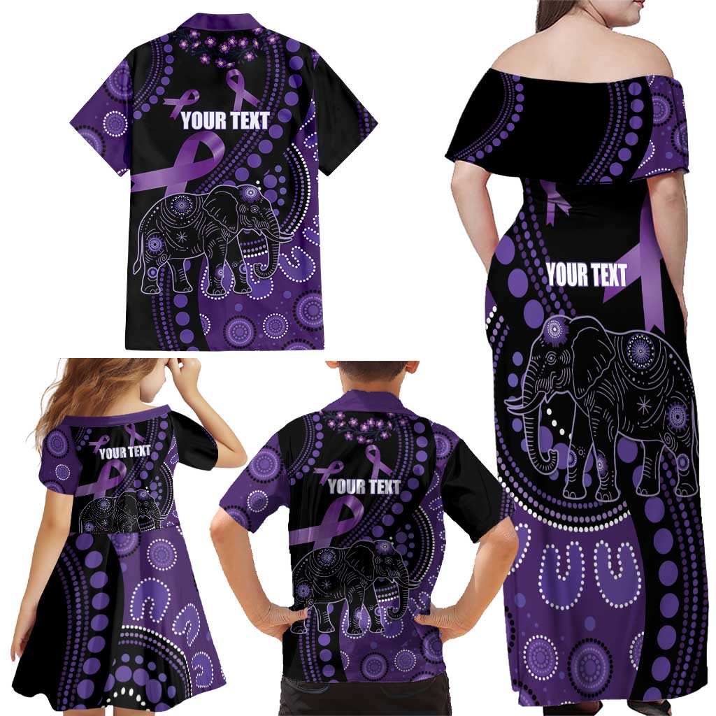 Australia Alzheimer's and Brain Awareness Personalised Family Matching Off Shoulder Maxi Dress and Hawaiian Shirt Elephant Forget-Me-Not Aboriginal Art