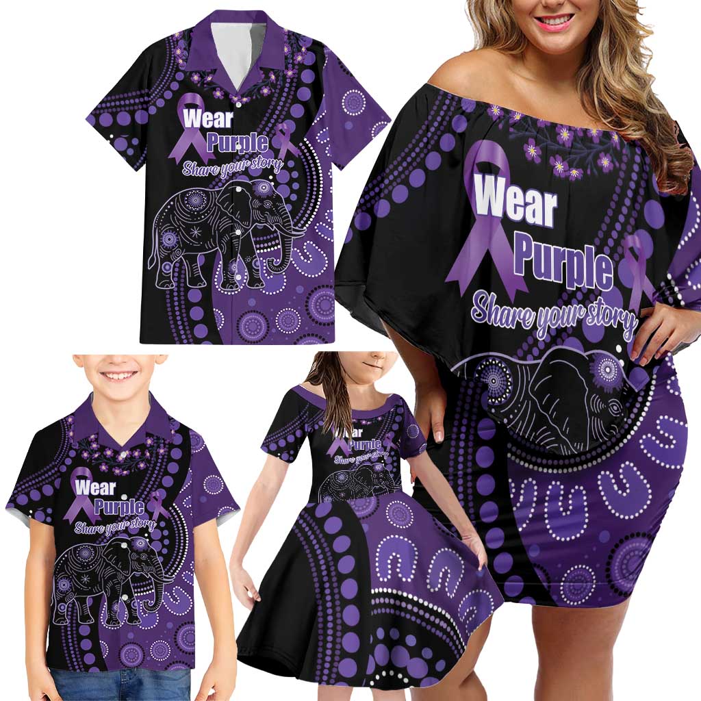 Australia Alzheimer's and Brain Awareness Personalised Family Matching Off Shoulder Short Dress and Hawaiian Shirt Elephant Forget-Me-Not Aboriginal Art