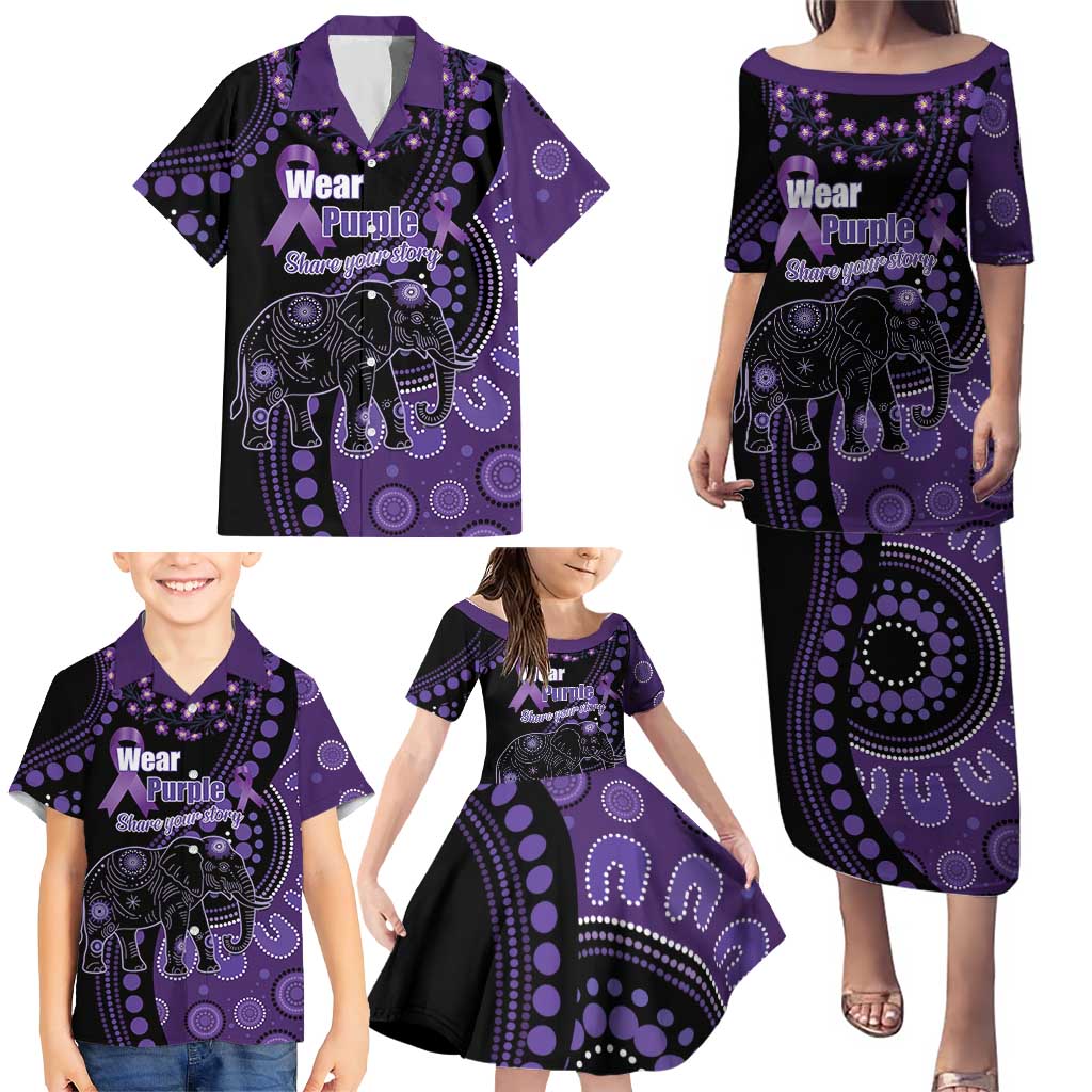 Australia Alzheimer's and Brain Awareness Personalised Family Matching Puletasi and Hawaiian Shirt Elephant Forget-Me-Not Aboriginal Art