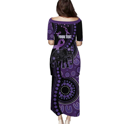 Australia Alzheimer's and Brain Awareness Personalised Family Matching Puletasi and Hawaiian Shirt Elephant Forget-Me-Not Aboriginal Art